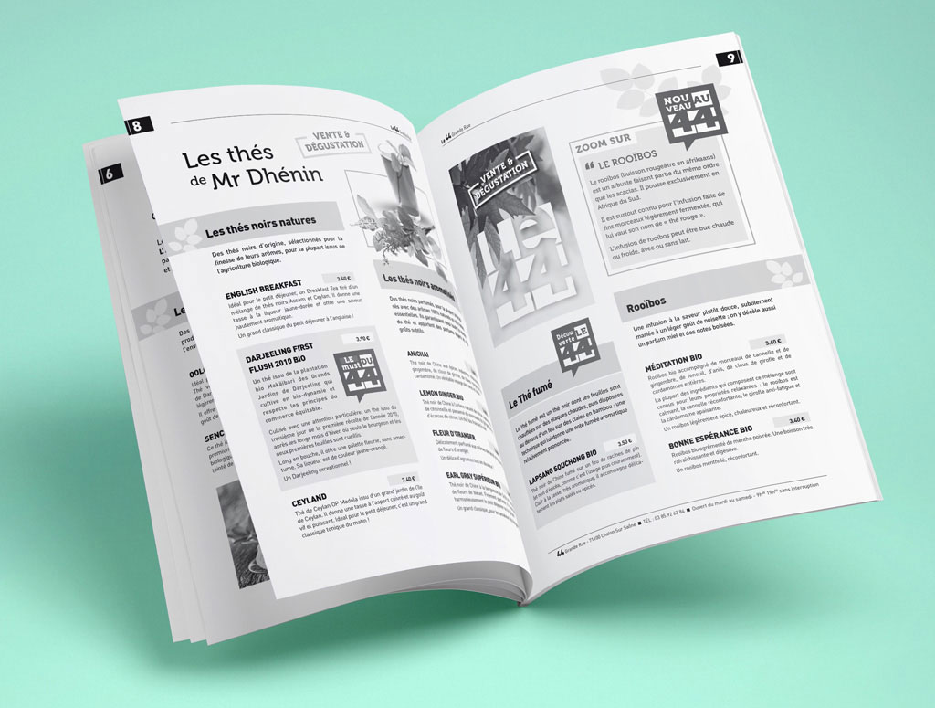 Carte de restauration, brochure pour le 44 Salon de Thé à Chalon - ZONALPHA | Agence de communication